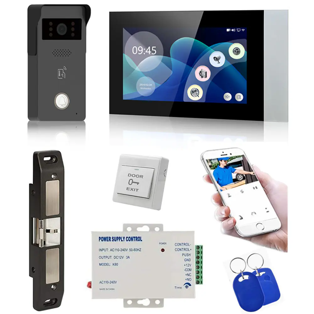 MENGQI-CONTROL LCD Video Door Intercom Access Control System Electric Strike Push Rod Lock for Panic Bar& Power Unit Full Kits Cards Phone App Remote Open