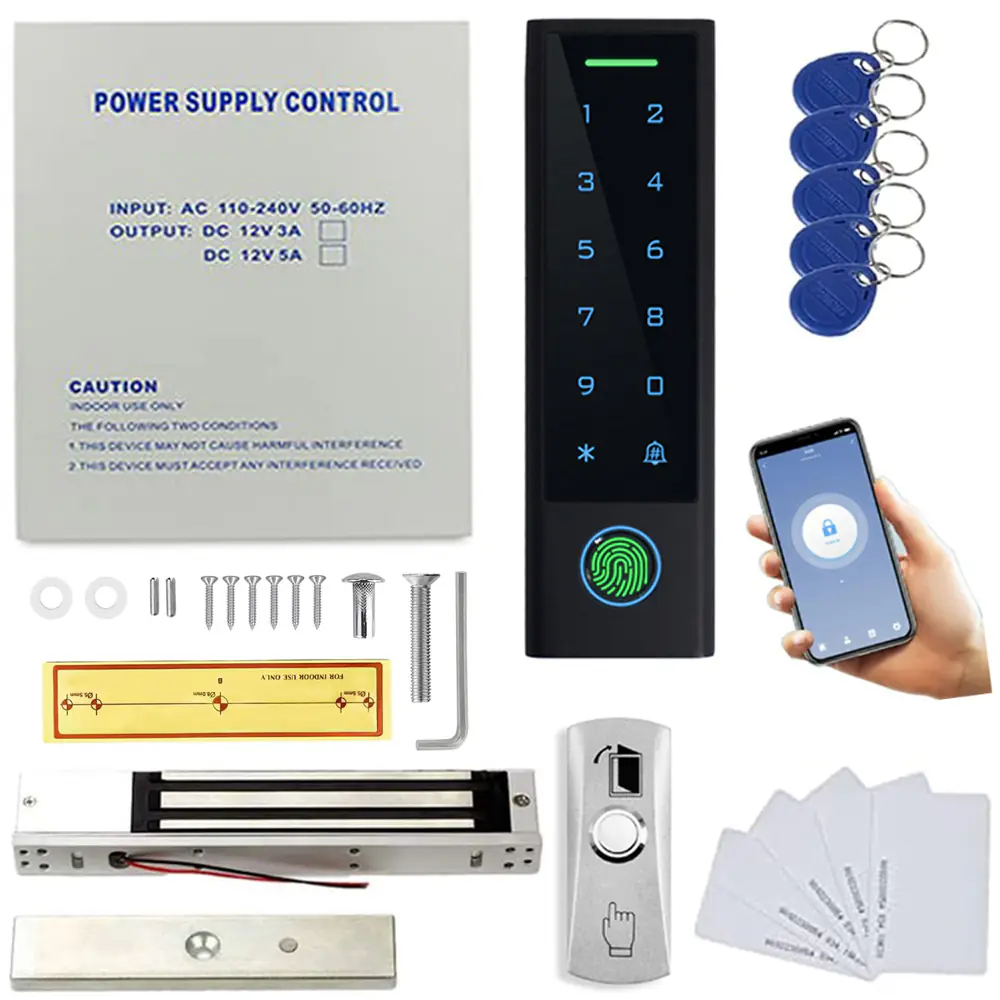 MENGQI-CONTROL Smart Phone App Remote PIN Code/KeyFob/Card Biometric Fingerprint Waterproof Keypad Controller Door Security kit 110-240V Power Supply Box(Support Backup Battery) 600lbs Magnetic Lock