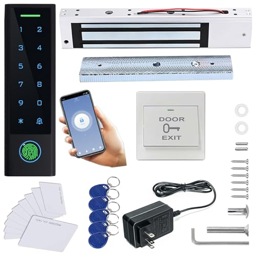 MENGQI-CONTROL WiFi Remote Add Delete User Biometric Fingerprint RFID Password Access Control Systems + 600lbs Force Electric Magnetic Lock +Cards and Key Fobs keypad Reader 110V-240V Power Adapter