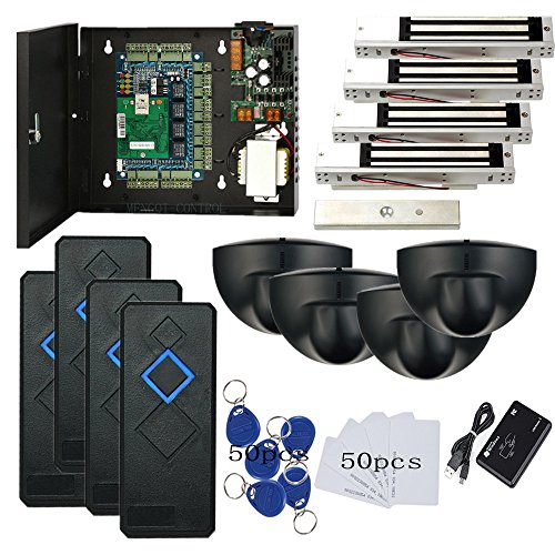 MENGQI-CONTROL Request to Exit PIR Motion Sensor 4 Doors Network RFID Access Control 600 LBS Magnetic Lock 110-240V Power Supply Box RFID Reader Keyfobs/Cards APP remotely Open Door