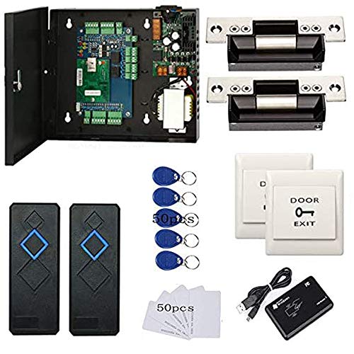 MENGQI-CONTROL 2 Door Access Control Board System 110-240V Power Supply Box North American ANSI Electric Strike Lock RFID Reader Enroll USB Reader RFID Card & Key Fobs,Phone APP Remotely Open Door