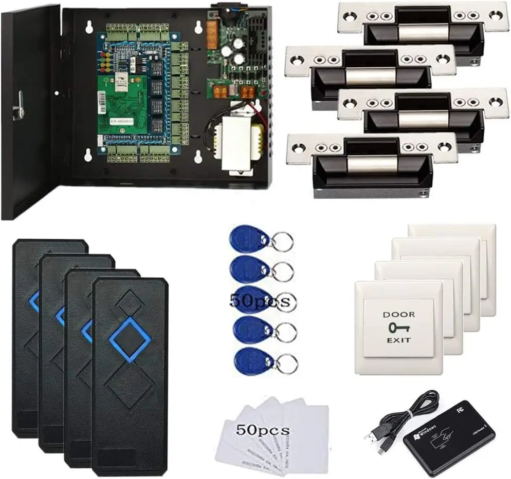 MENGQI-CONTROL 4 Doors Access Control Security Kits with North American ANSI Standard Strike Lock 110V Power Supply Box RFID Reader RFID Card & Key Fob TCP/IP Based Phone APP Remotely Open Door