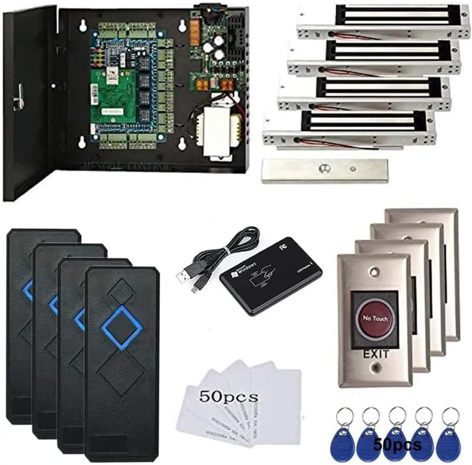 MENGQI-CONTROL 4 Door Access Control System 600lbs Magnetic Lock Access Control Panel 110V Power Supply Box RFID Reader NoTouch Exit Button Enroll USB Reader Card Key Fob Phone APP Remotely Open Lock