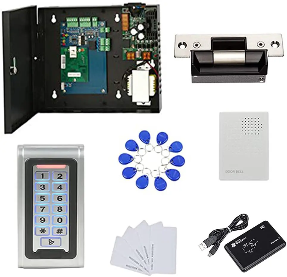 MENGQI-CONTROL Waterproof Metal Keypad Reader Standard North American Strike Lock TCPIP 1 Door Access Control System 110-240V Power Box +RFID Key Fob/Card