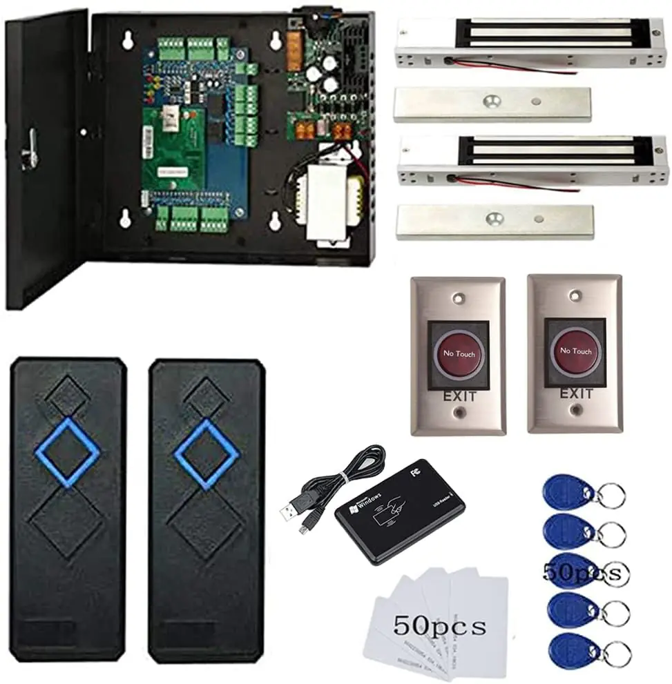 MENGQI-CONTROL 2 Door Access Control System with 600lbs Magnetic Lock Infrared NoTouch Request to Exit Button 110V Power Supply Box RFID Reader USB Enroll Reader Card Key Fob APP Remote Open Lock