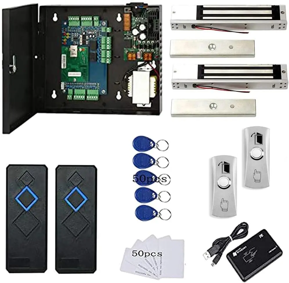 MENGQI-CONTROL 2 Door Access Control Panel System 600lbs Waterproof Magnetic Lock RFID Reader Metal Exit Button 110V Power Supply Box USB Reader RFID Card Key Fob Phone APP Remotely Open Door