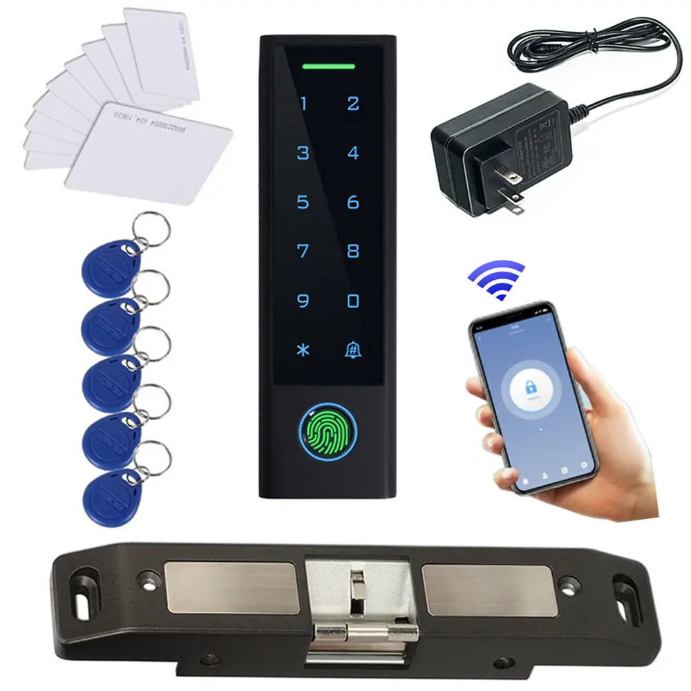 MENGQI-CONTROL WiFi Remote Add Delete User Biometric Fingerprint RFID Password Access Control Systems +Push bar Lock +Cards and Key Fobs keypad Reader 110V-240V Power Adapter