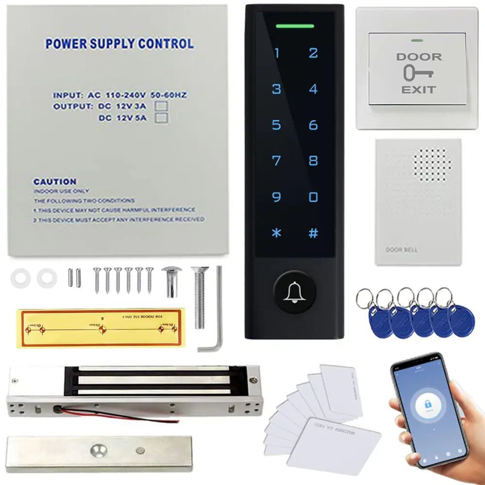 MENGQI-CONTROL WiFi Remote Manage IP66 Watreproof Access Control Keypad 600lbs Electric Magnetic Lock110-240V Power Supply Box(Support Backup Battery) Smart Phone App Remote ADD/Delete User
