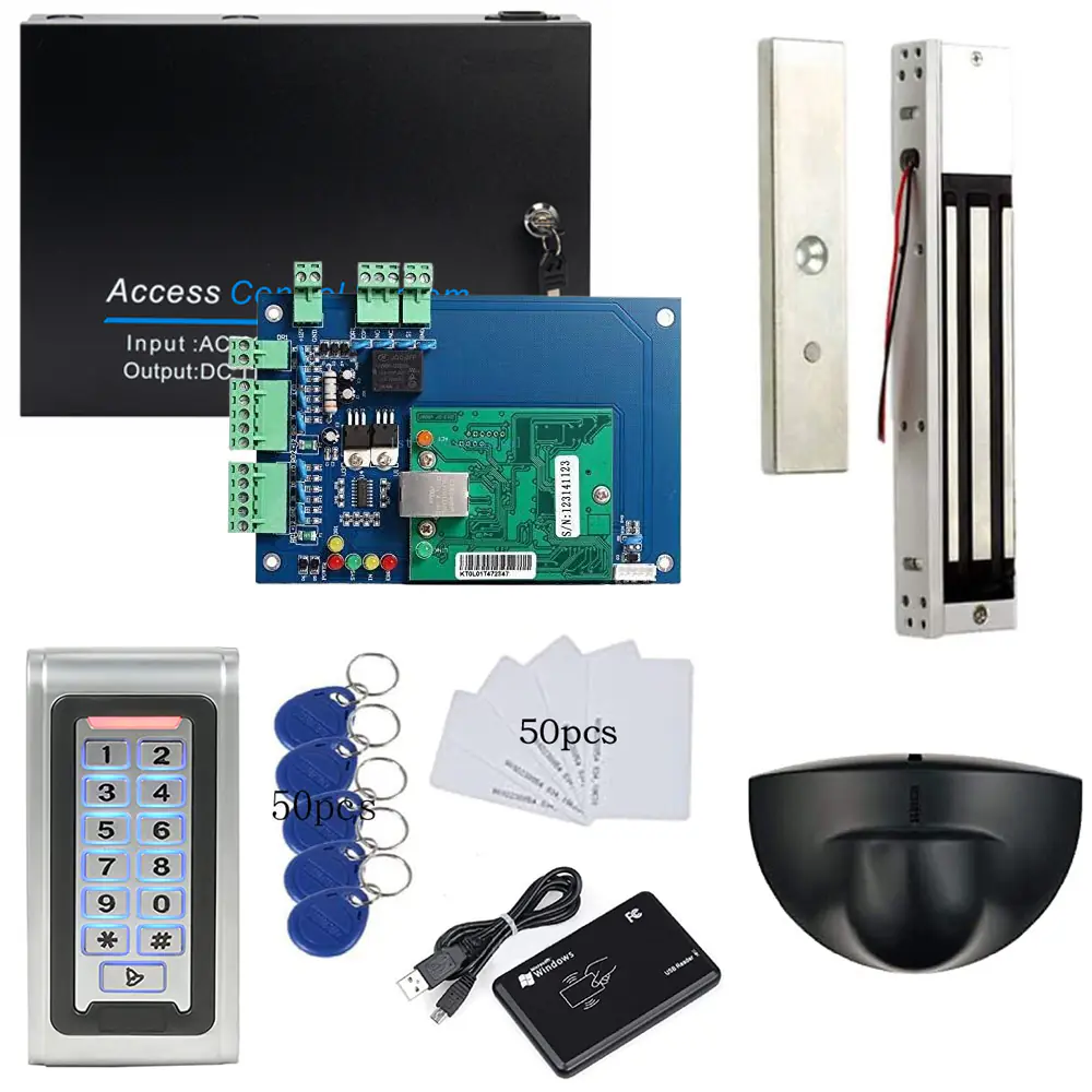 MENGQI-CONTROL Backup Battery Supported Access Control Solution for 1-Door Security locking system Overhead Rex Exit Sensor Metal Combo Reader/PIN Entry 600LBS Magnetic Lock Phone APP Remote Open Lock